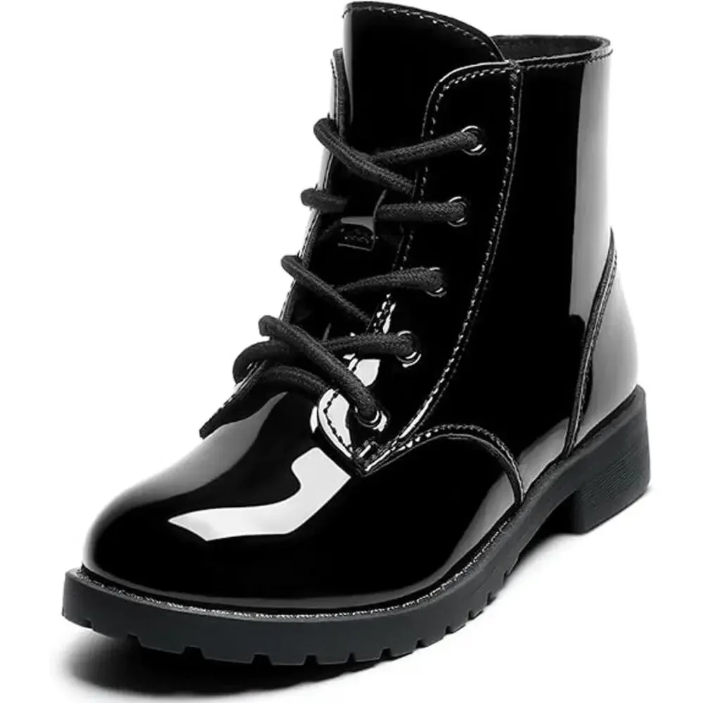 Girls Size 10 Black Patent Leather Lace Up Size Zip Ankle Combat Dressy Boots